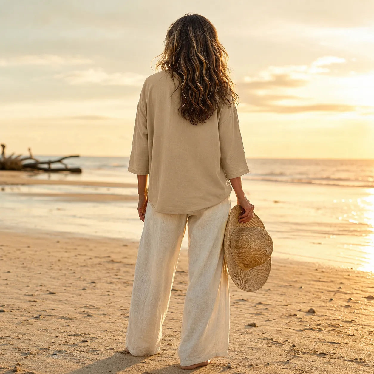 Women's Relaxed V-Neck Linen Blouse with Three-Quarter Sleeves and Curved Hem