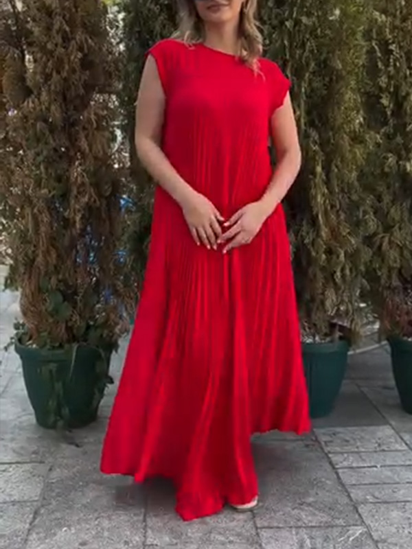  Round Neck Casual Pleated Dress