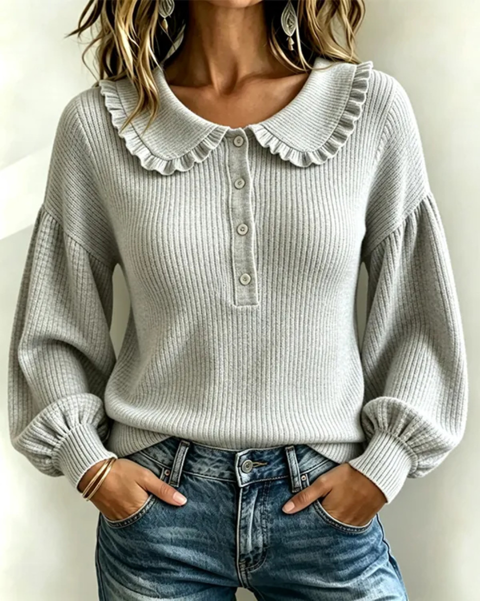 Women's Ruffled Collar Ribbed Knit Sweater