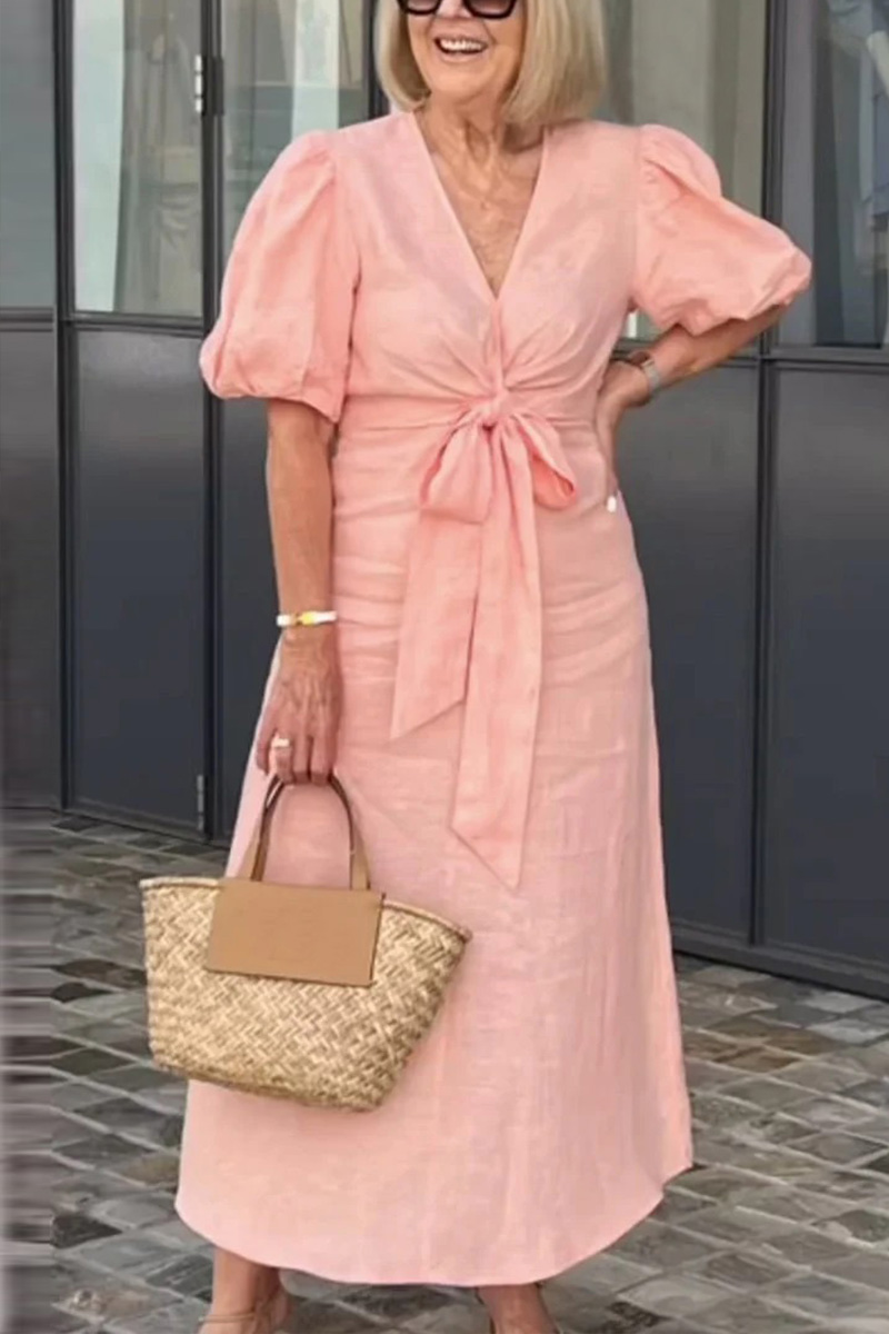 V Neck Tie Puff Sleeve Cotton Dress- Tax Free