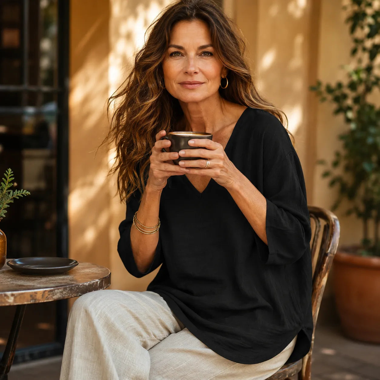 Women's Relaxed V-Neck Linen Blouse with Three-Quarter Sleeves and Curved Hem