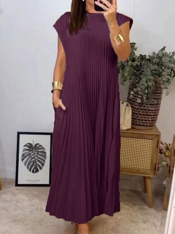  Round Neck Casual Pleated Dress