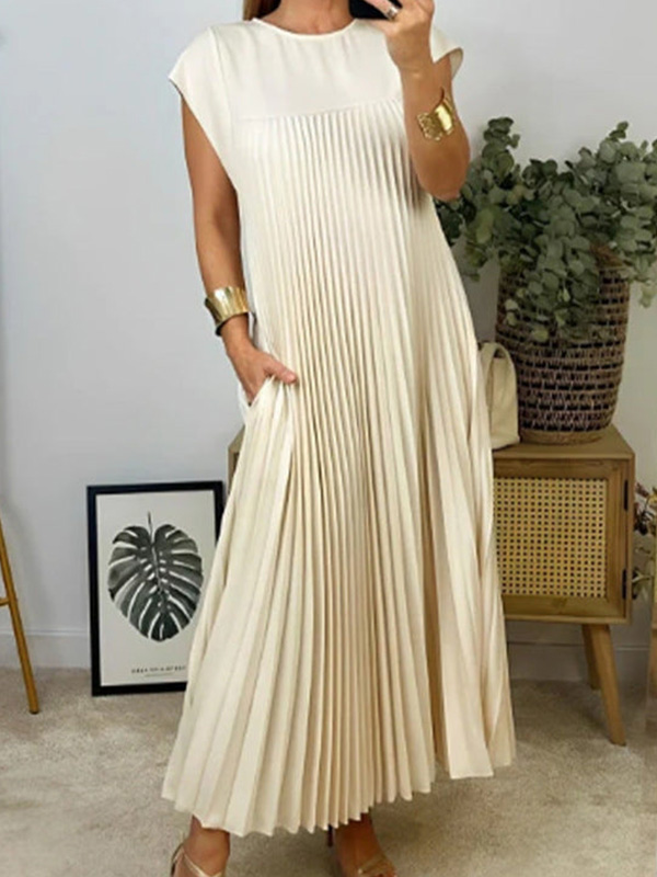  Round Neck Casual Pleated Dress
