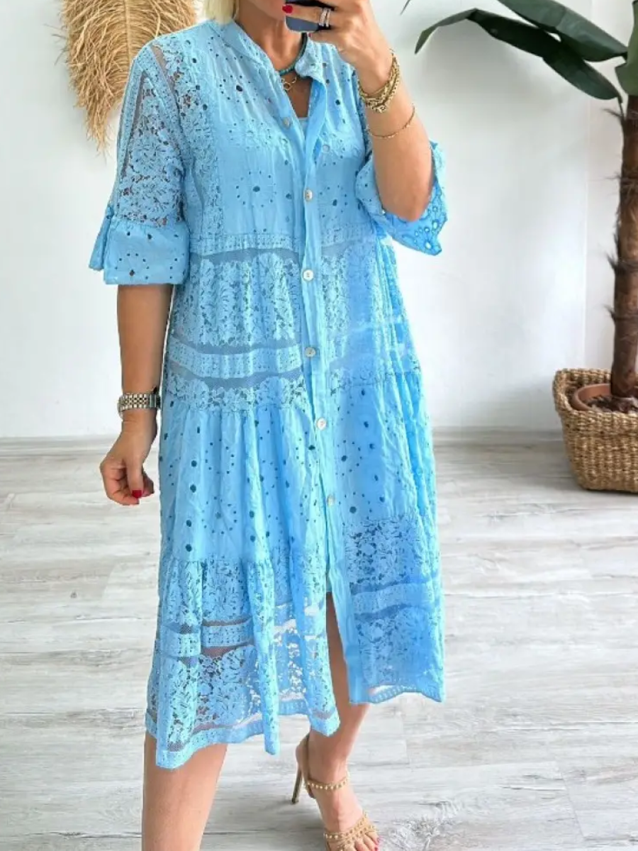 Women's V-neck Mid-sleeve Hollow Dress
