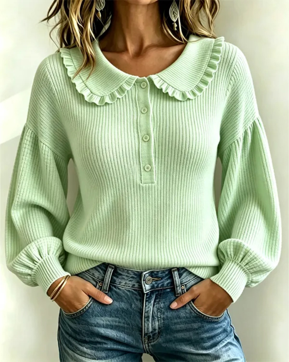 Women's Ruffled Collar Ribbed Knit Sweater