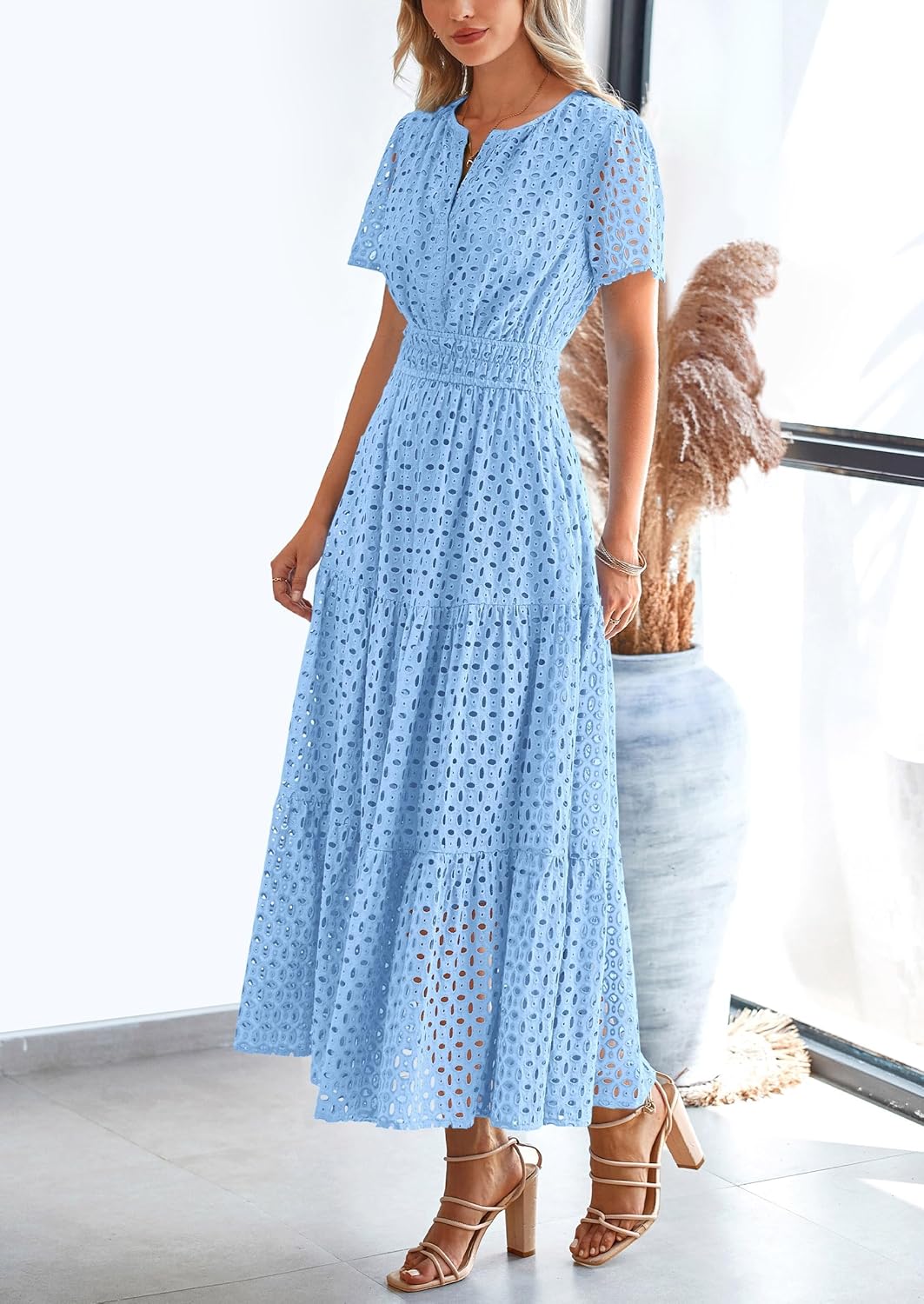 NEW 🔥Summer Maxi Dress Short Sleeve V Neck Hollow Out Eyelet A Line Dresses