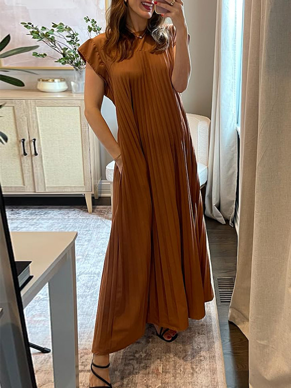  Round Neck Casual Pleated Dress