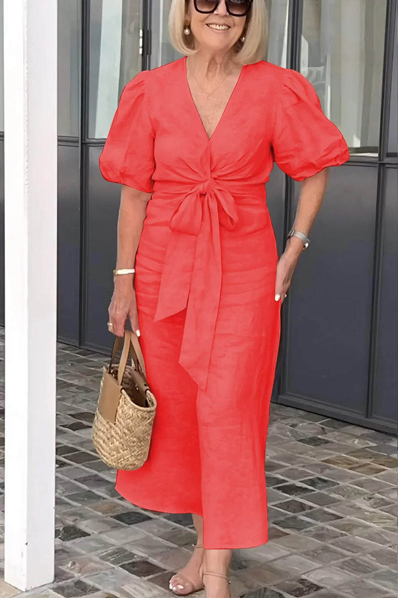 V Neck Tie Puff Sleeve Cotton Dress- Tax Free
