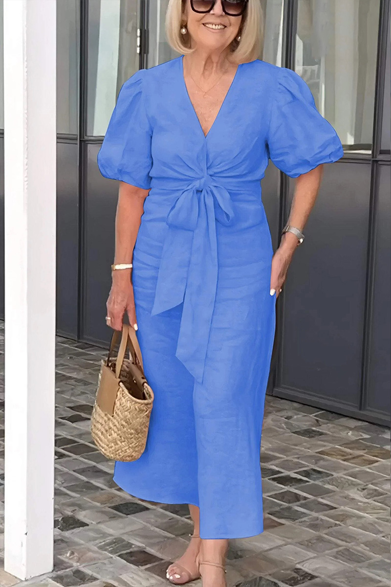 V Neck Tie Puff Sleeve Cotton Dress- Tax Free
