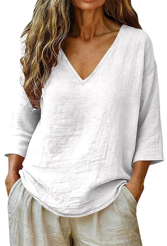 Women's Relaxed V-Neck Linen Blouse with Three-Quarter Sleeves and Curved Hem
