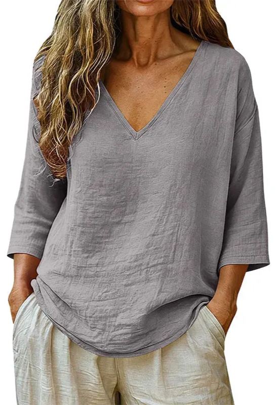 Women's Relaxed V-Neck Linen Blouse with Three-Quarter Sleeves and Curved Hem