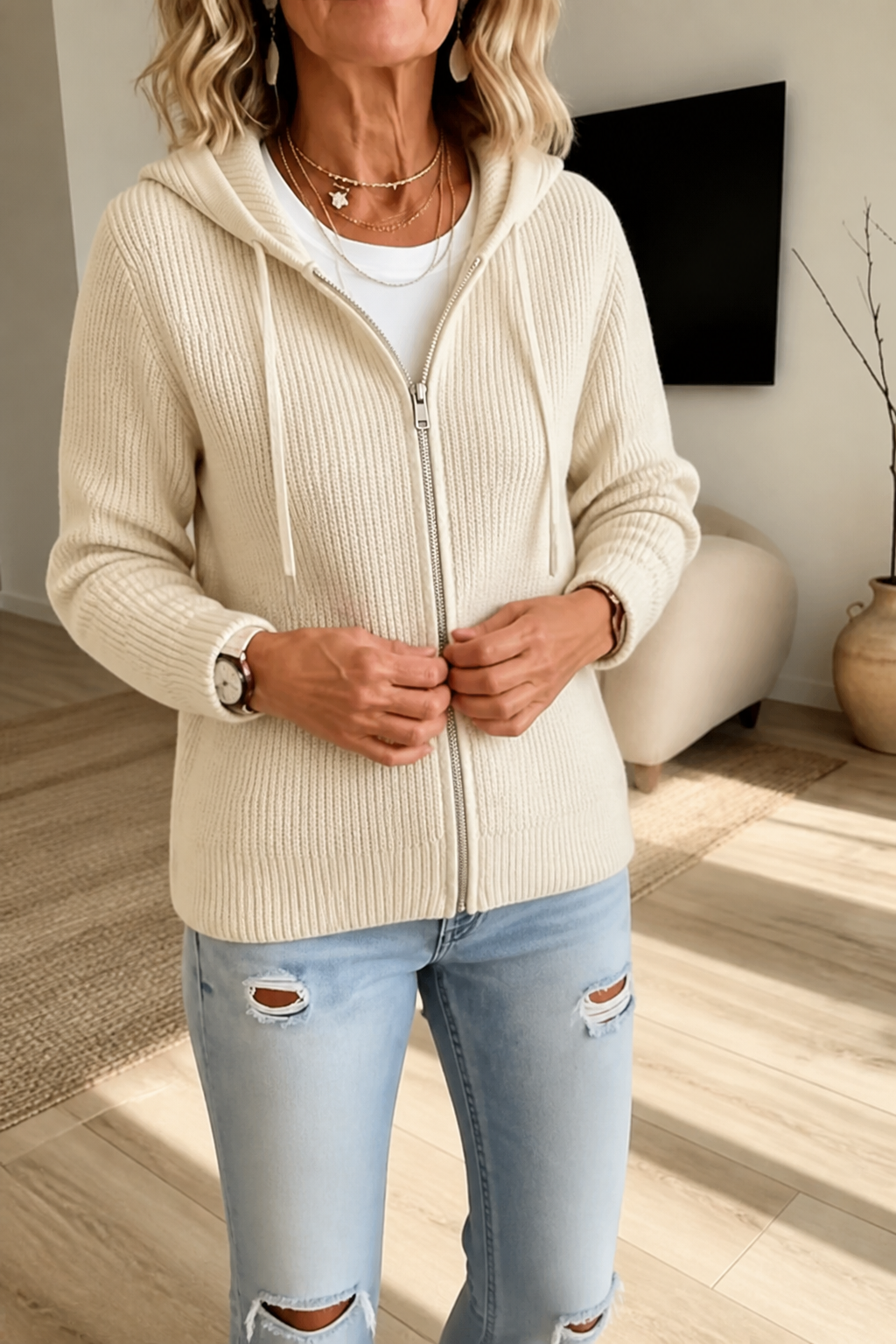 Ribbed Stretch-Knit Zip-Up Cardigan