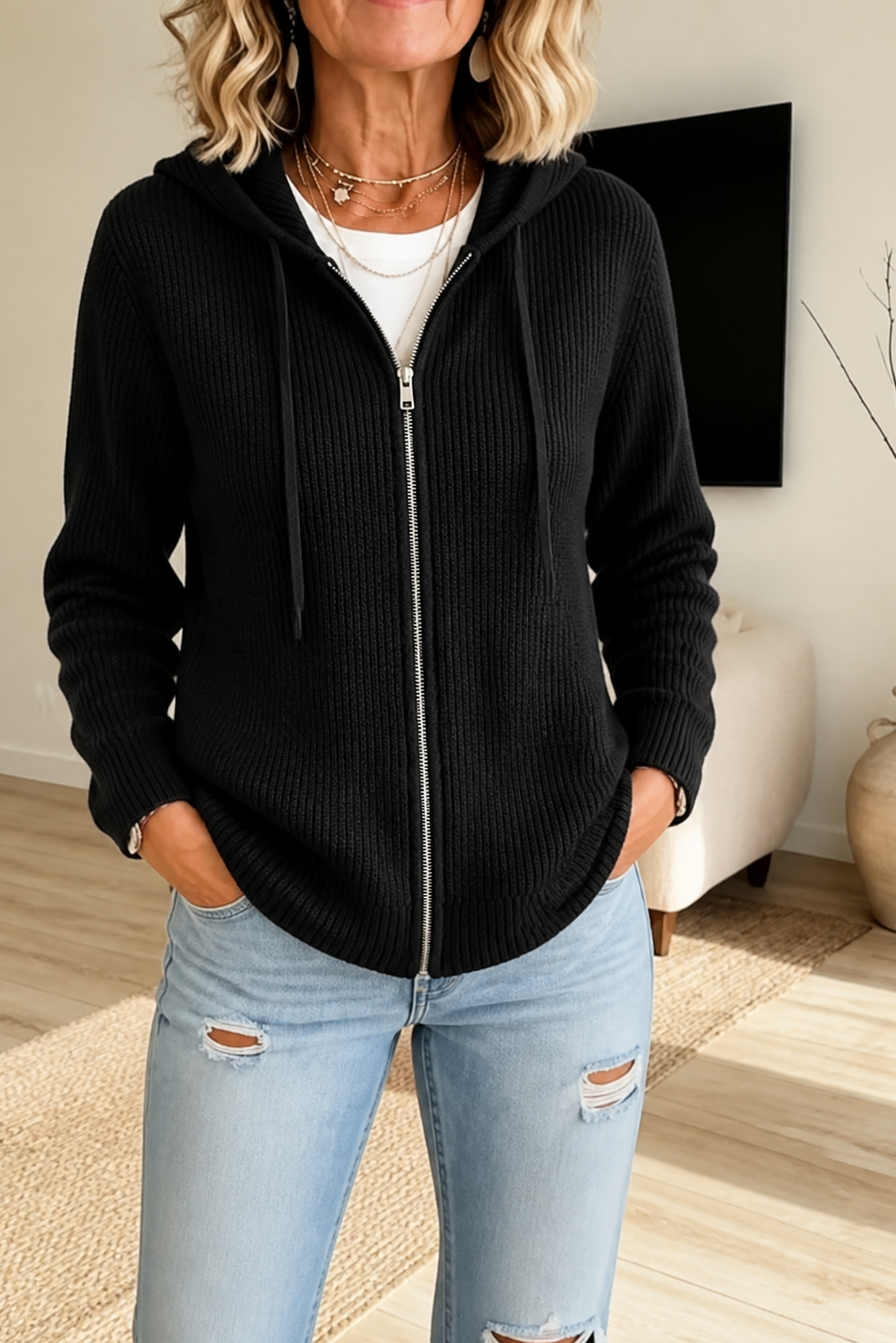 Ribbed Stretch-Knit Zip-Up Cardigan