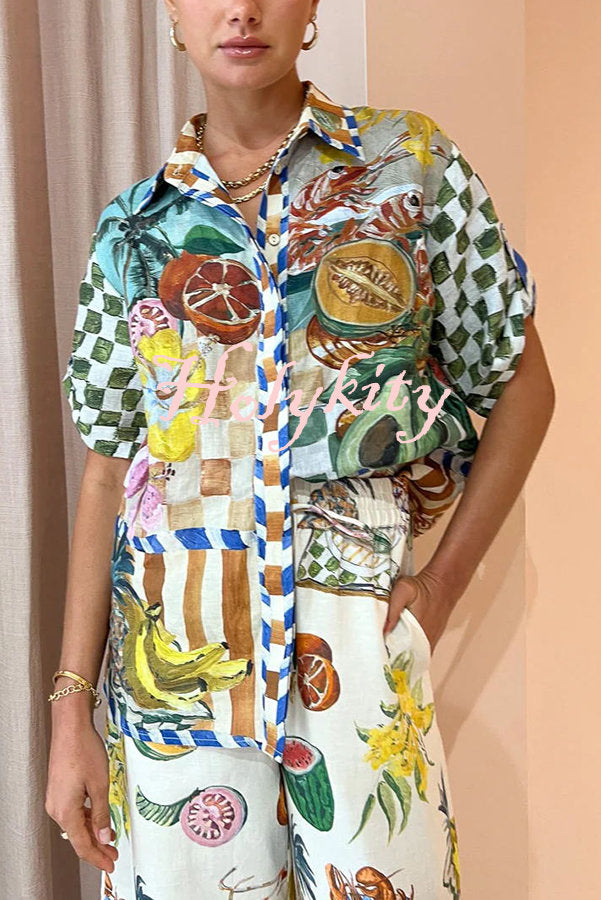 Spicy Lady Linen Blend Tropical Fruit Print Button Down Oversized Blouse