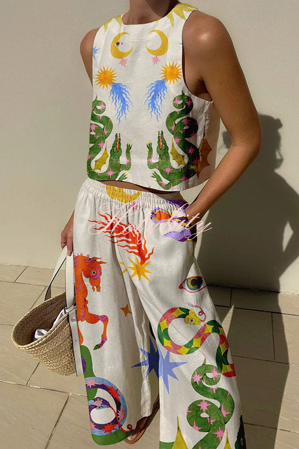 Island Dreaming Linen Blend Unique Print Tank and Elastic Waist Pocketed Pants Set