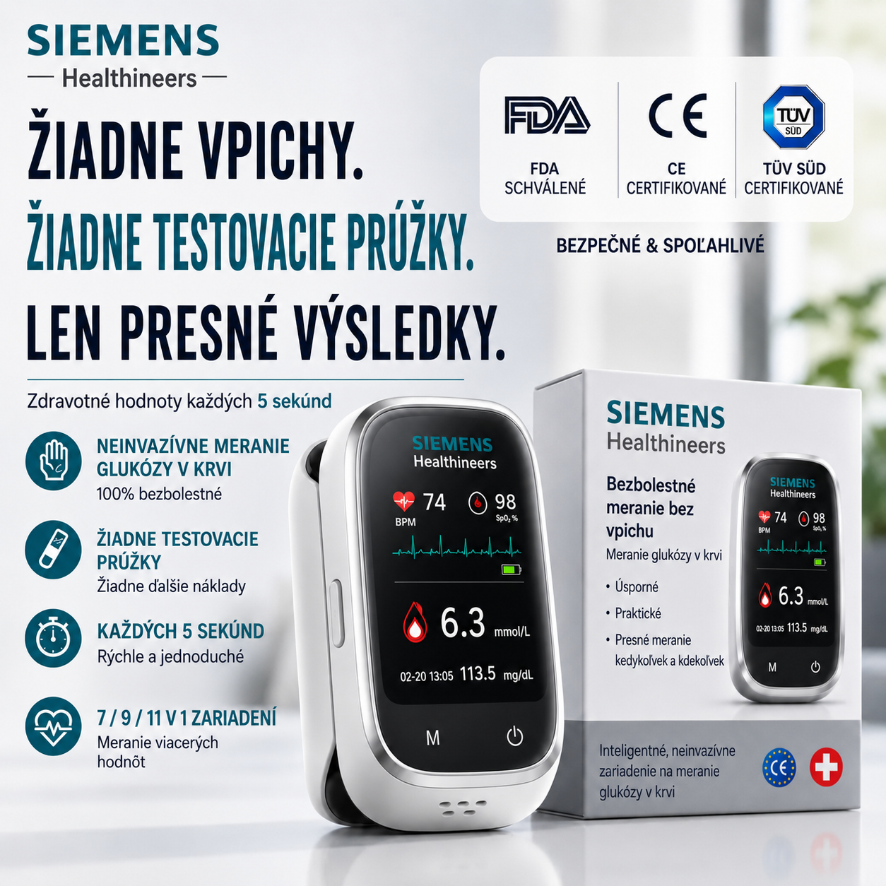 🩸 Siemens™ 11-v-1 inteligentný glukomer bez pichania Bez odberu krvi • Bez testovacích prúžkov • Výsledok za 5 sekúnd