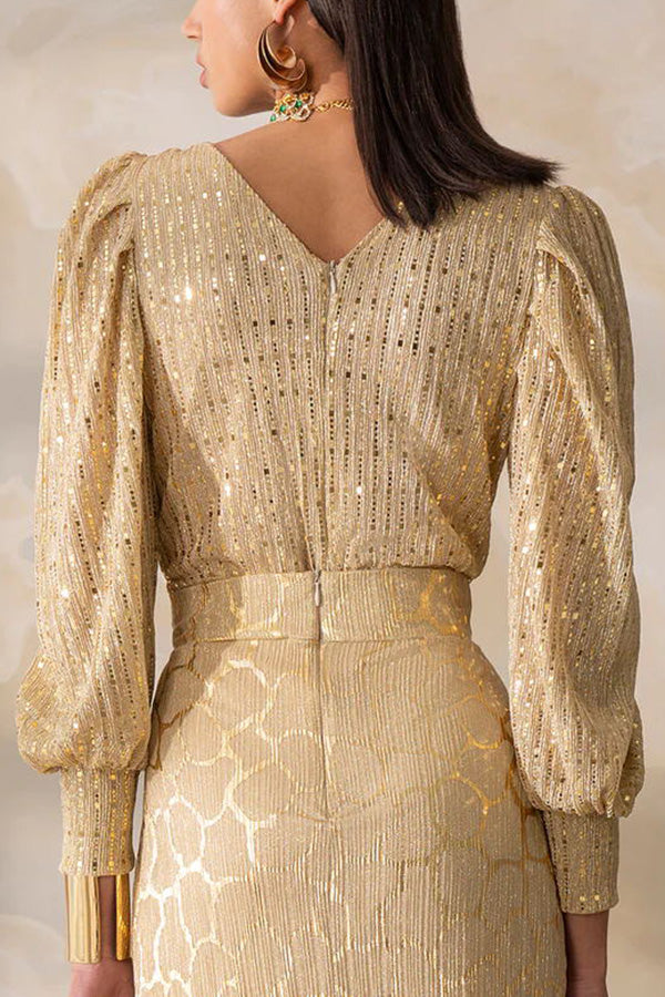 Essentially Chic Sequins V-neck Long Sleeve Bodysuit Top