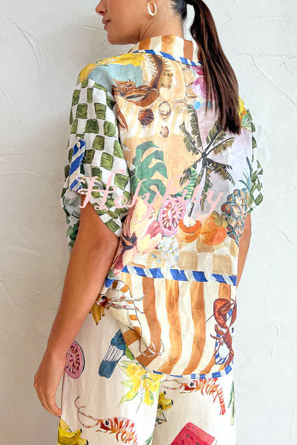 Spicy Lady Linen Blend Tropical Fruit Print Button Down Oversized Blouse