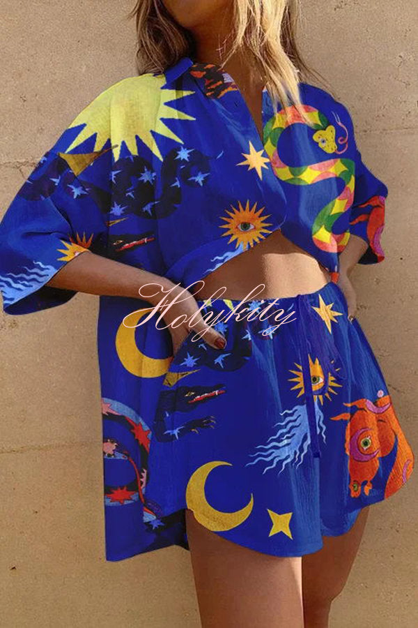 Summer Traveler Linen Blend Unique Print Oversized Blouse and Elastic Waist Pocketed Shorts Set