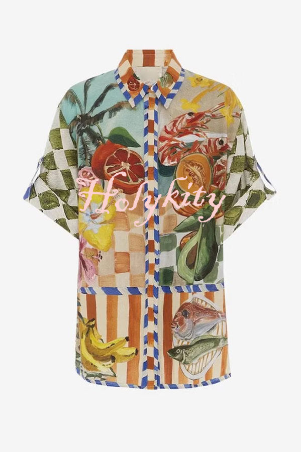 Spicy Lady Linen Blend Tropical Fruit Print Button Down Oversized Blouse