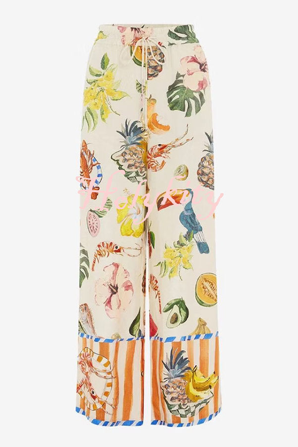 Perfect Day Linen Blend Tropical Fruit Print Elastic Waist Pocketed Wide Leg Pants