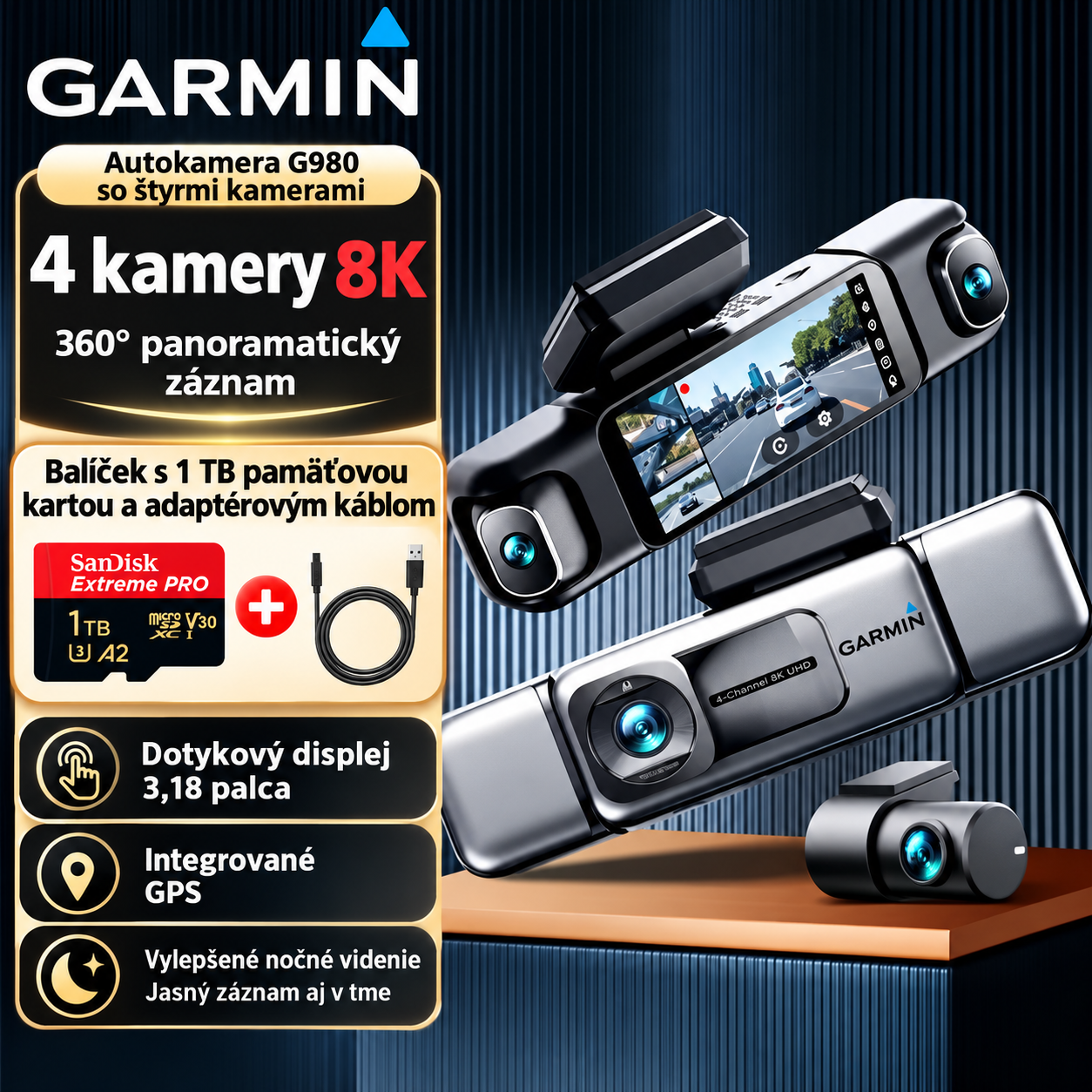 Garmin G980 palubná kamera s umelou inteligenciou a hlasovým ovládaním so štyrmi kamerami, 360° panoramatickým pohľadom, 4K Ultra HD nočným videním a GPS sledovaním