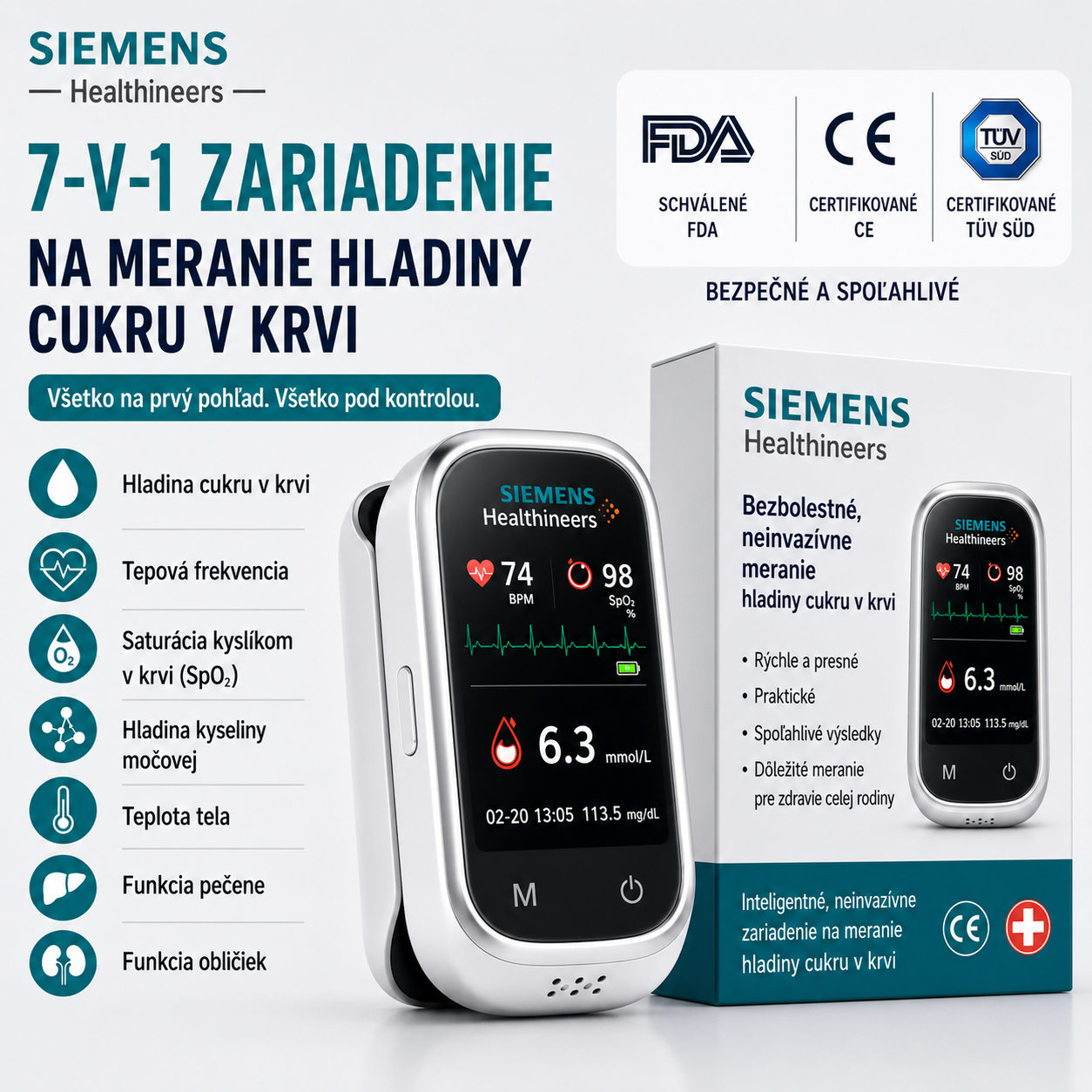 🩸 Siemens™ 11-v-1 inteligentný glukomer bez pichania Bez odberu krvi • Bez testovacích prúžkov • Výsledok za 5 sekúnd
