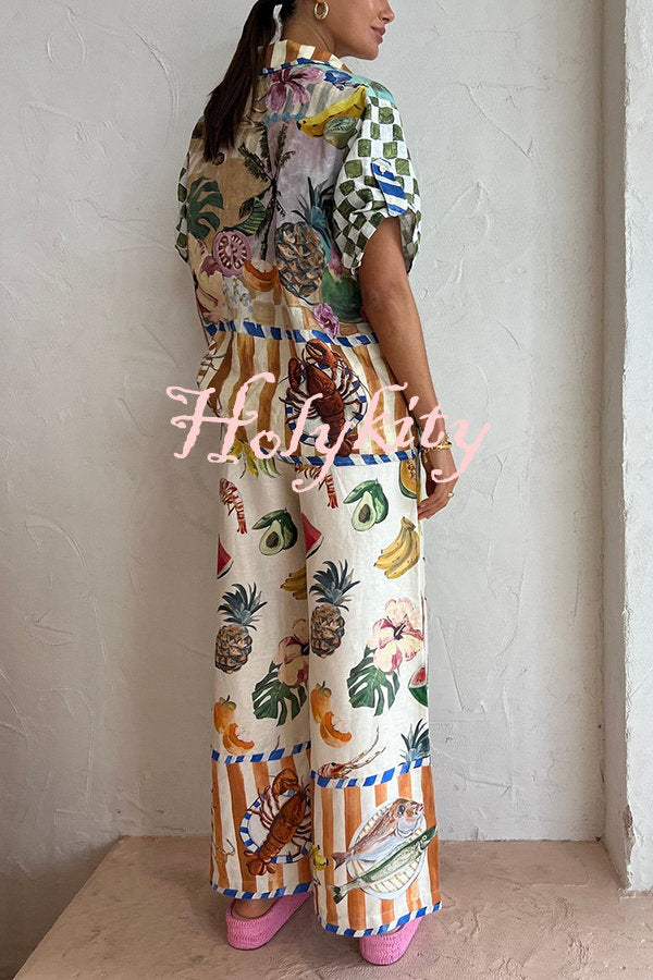 Perfect Day Linen Blend Tropical Fruit Print Elastic Waist Pocketed Wide Leg Pants