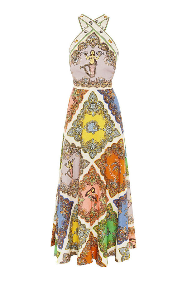 Ocean Legend Linen Blend Mermaid Print Halter Tie-up Midi Dress