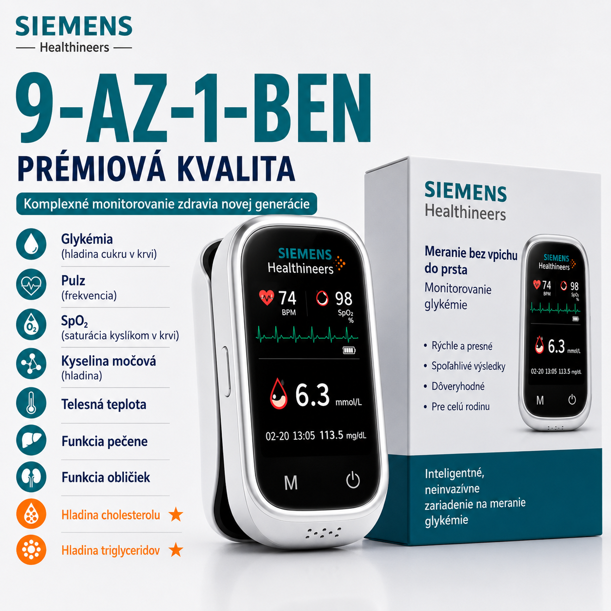 🩸 Siemens™ 11-v-1 inteligentný glukomer bez pichania Bez odberu krvi • Bez testovacích prúžkov • Výsledok za 5 sekúnd