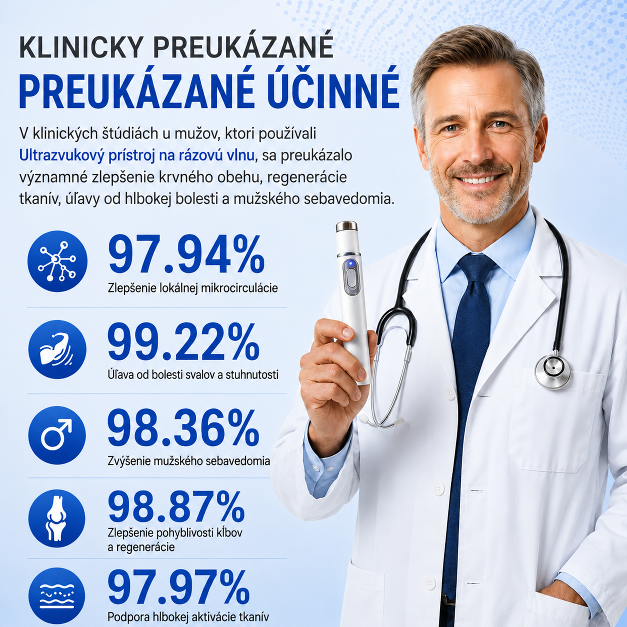 Pokročilá terapia akustickou rázovou vlnou obnovuje zdravie tkanív penisu, pomáha zlepšiť pevnosť erekcie, výdrž a sebavedomie mužov. Zároveň podporuje úľavu od bolesti svalov, stuhnutosti kĺbov a nepohodlia šliach.