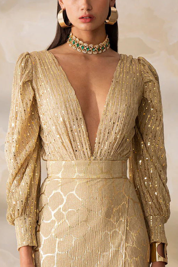 Essentially Chic Sequins V-neck Long Sleeve Bodysuit Top