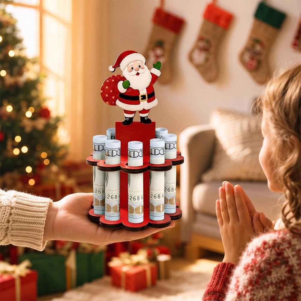 🎅2026 Super Value Set✨Wooden Christmas Money Holder Stand, Double-Layer Sturdy Tabletop Decor, Cash Gift for Christmas Birthdays Holidays