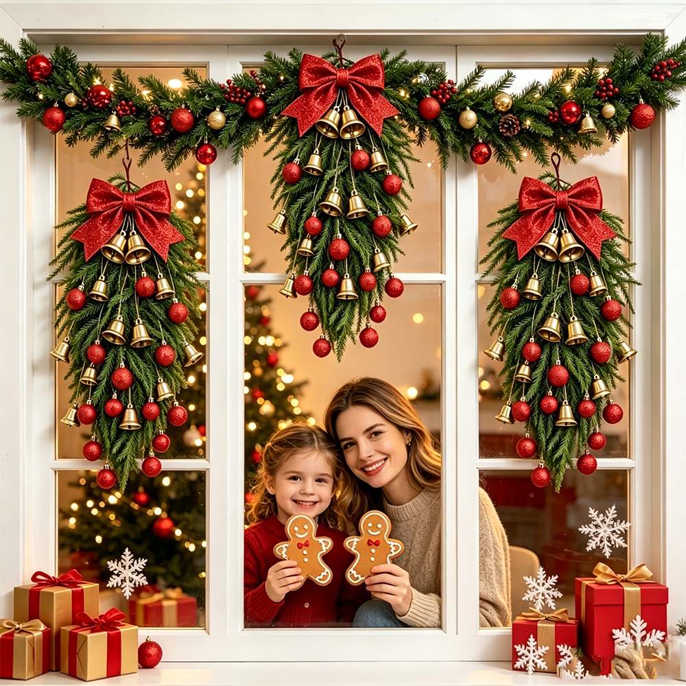 🔥2026 Christmas Sale 50% OFF | Christmas Wreath Teardrop Swag with Red Velvet Bow, Gold Bells & Ornaments