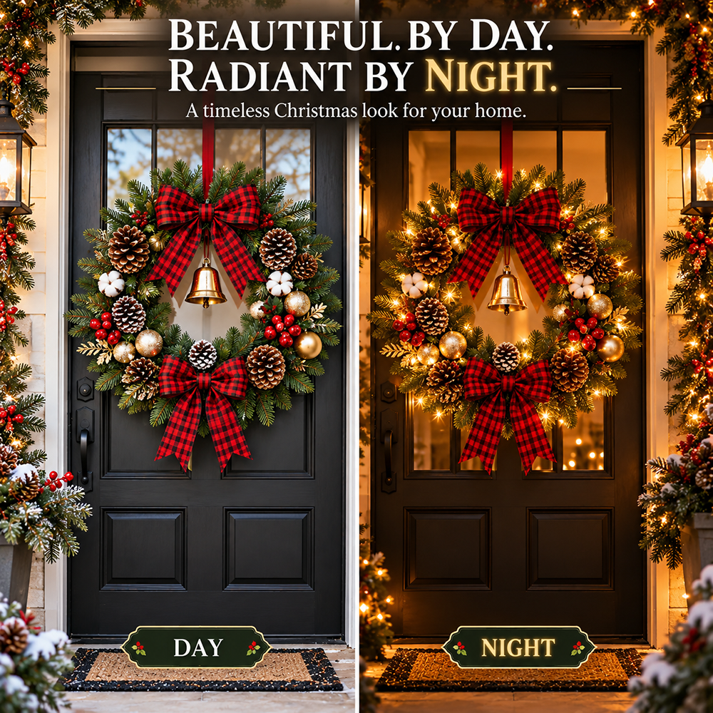 Christmas Buffalo Plaid Pinecone Wreath with Bell