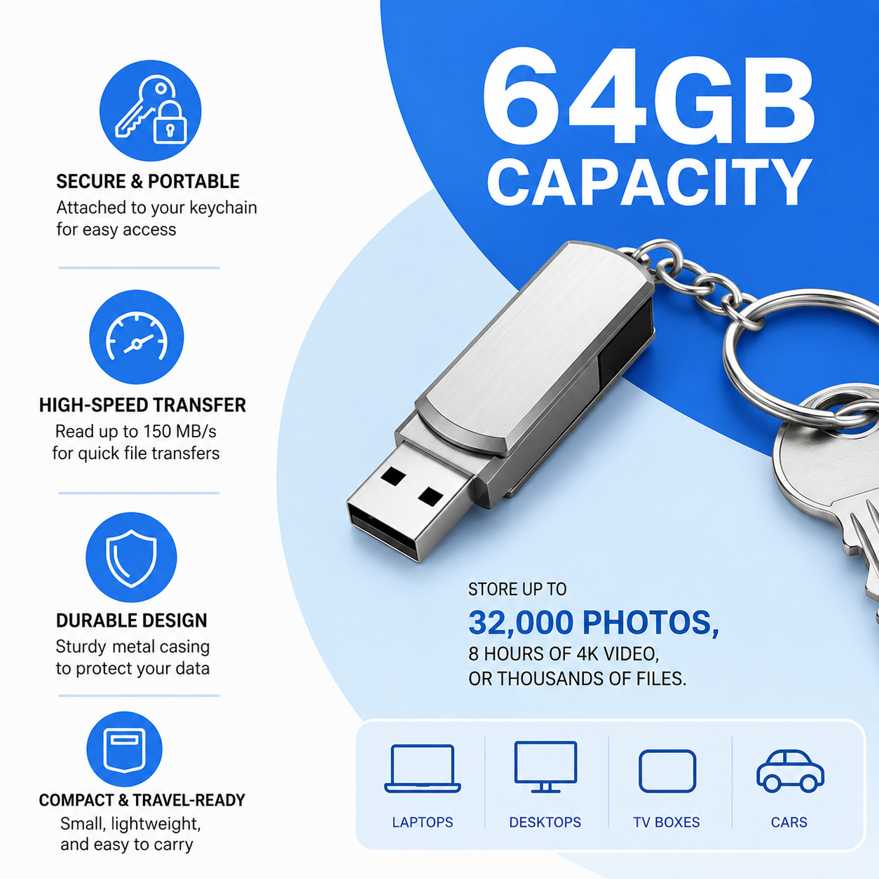 64GB Portable USB Flash Drive with Swivel Metal Clip