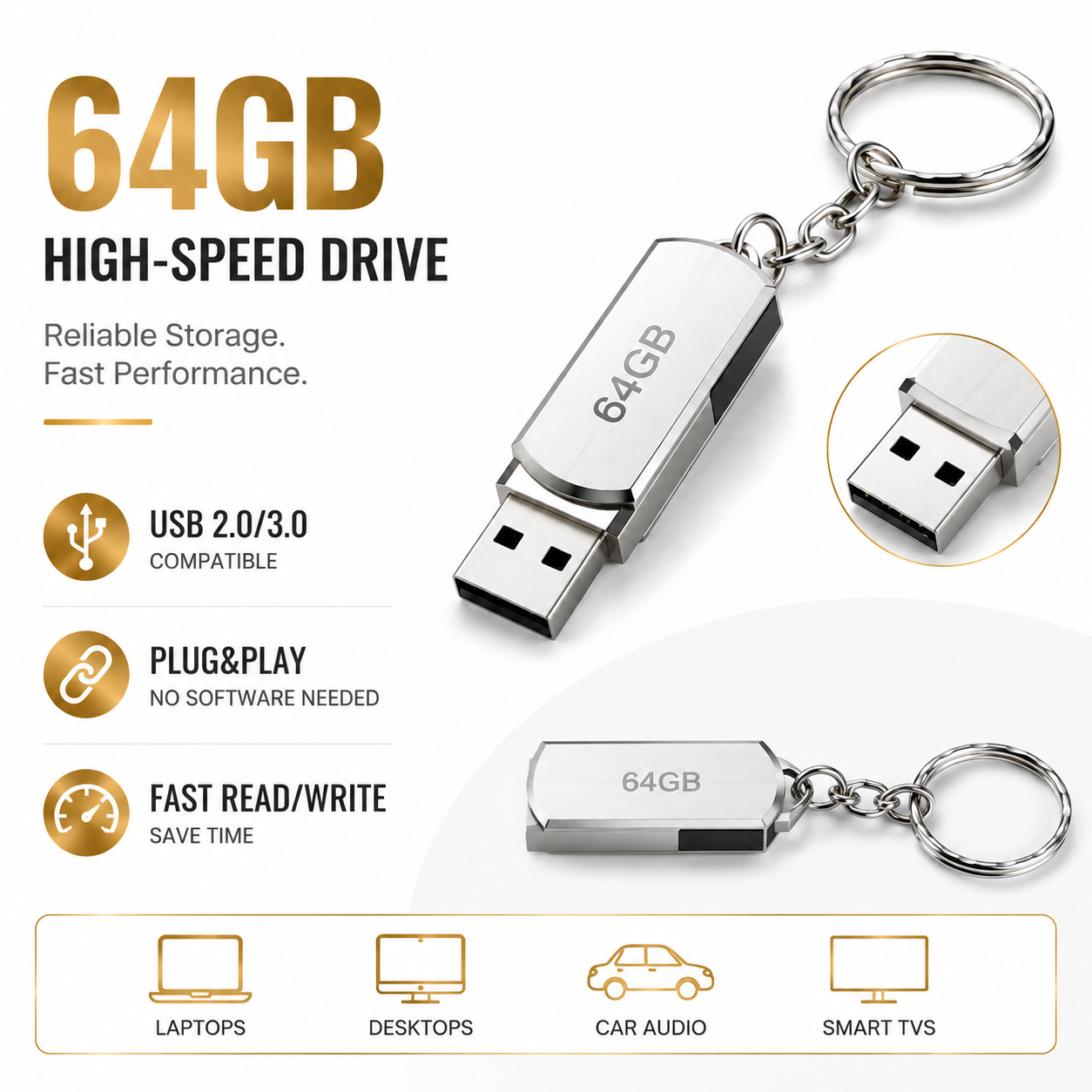 64GB Portable USB Flash Drive with Swivel Metal Clip