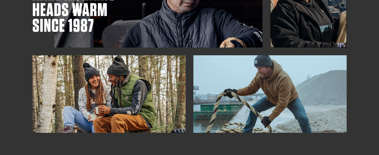 Hardworking men and women wearing iconic Carhartt Knit Cuffed Beanie and Pom-Pom Knit Cuffed Beanie