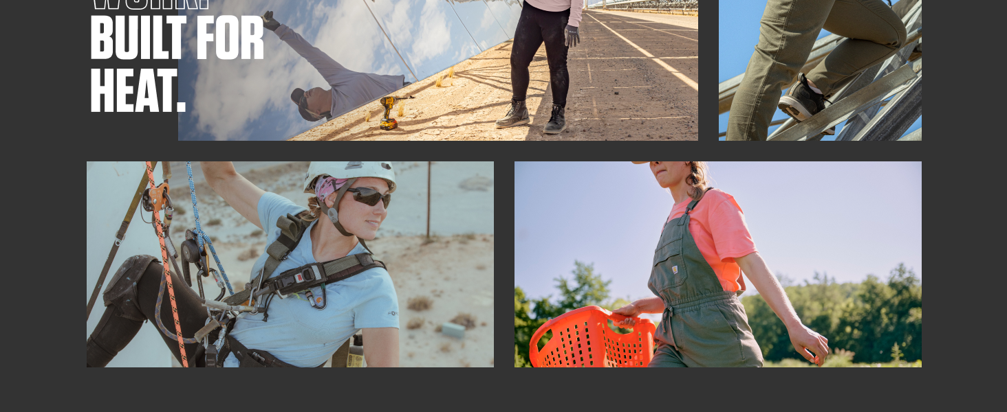 Collage of women outside in Force sweat-wicking fast drying pocket tee, overalls, work pants