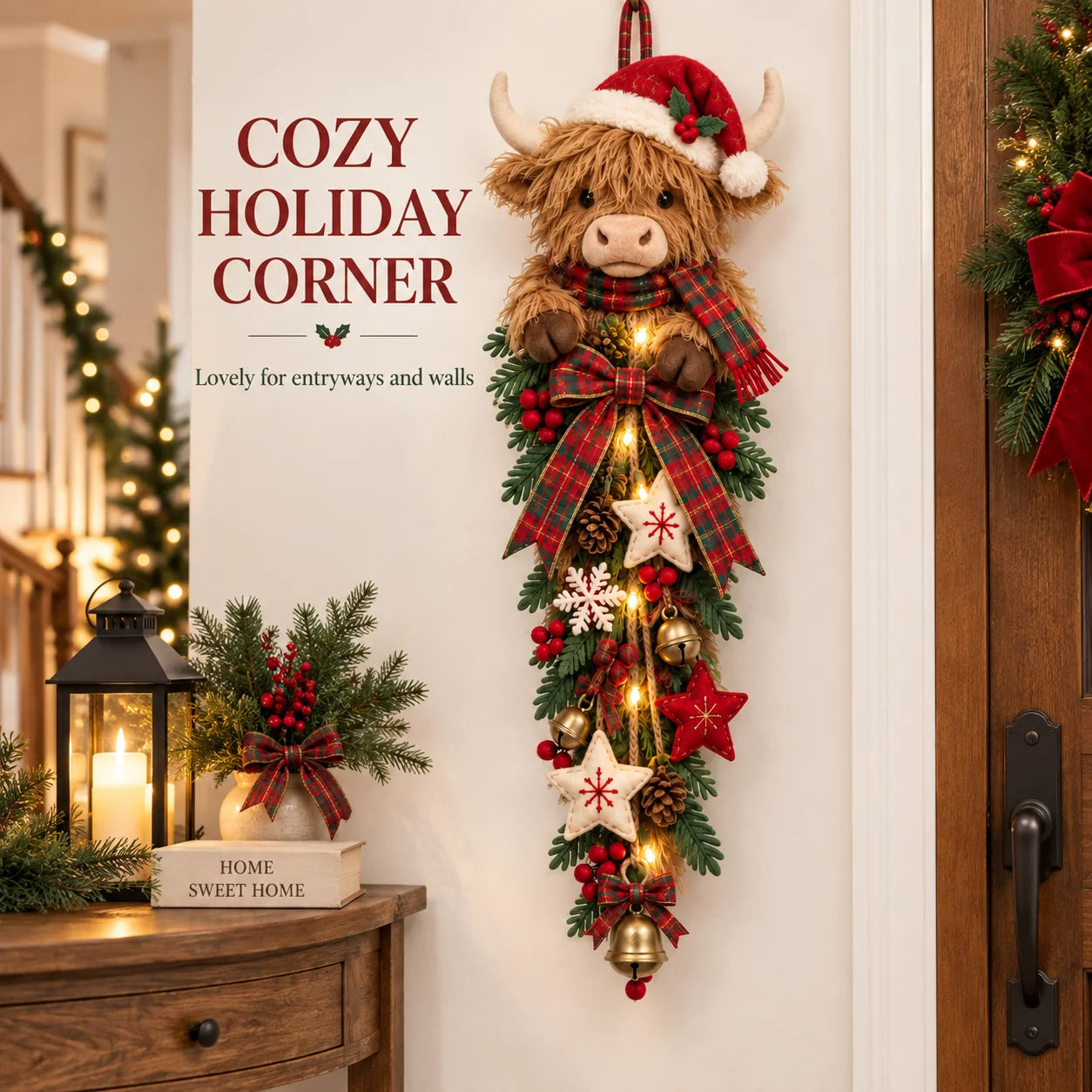 Highland cow Christmas wall decoration in a holiday entryway
