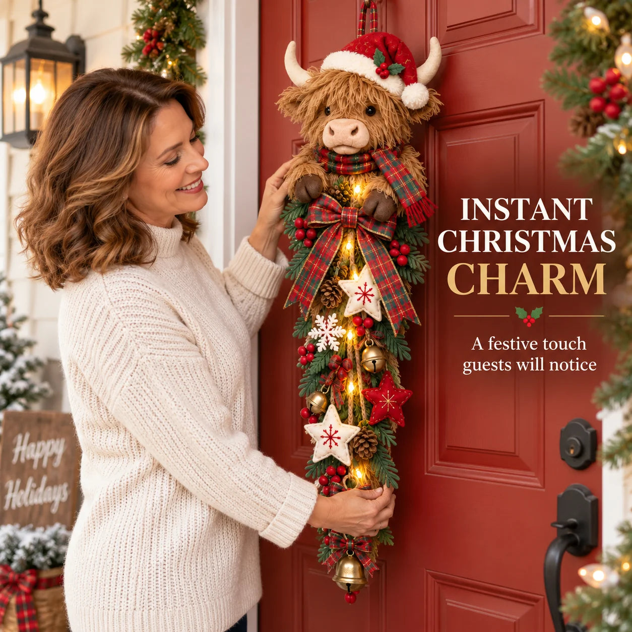 Highland cow Christmas door swag on a red front door