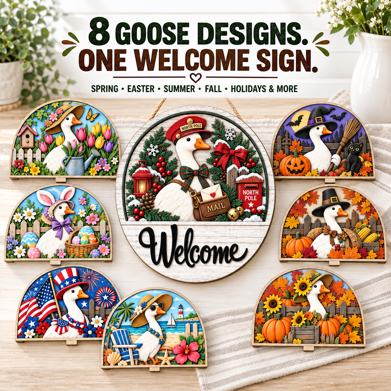 Interchangeable Seasonal Goose Welcome Door Sign – 8 Designs for Year-Round Porch Décor