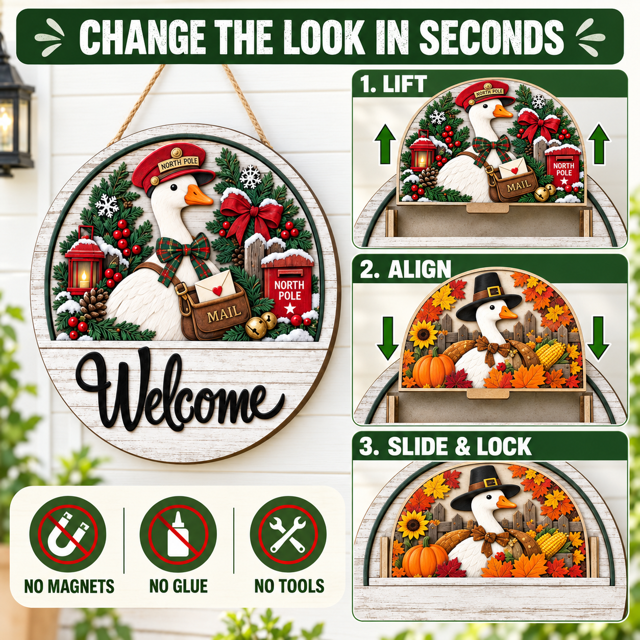 Interchangeable Seasonal Goose Welcome Door Sign – 8 Designs for Year-Round Porch Décor