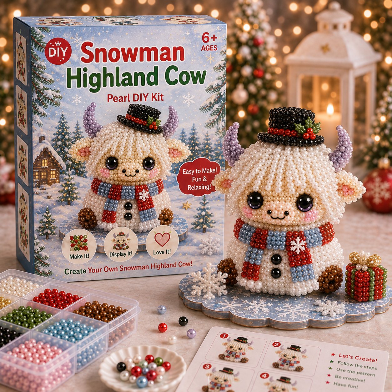 🔥Limited time 70% OFF -🎄🐮 Highland Cow 3D Pearl Bead DIY Kit – Beginner-Friendly Christmas Craft💕