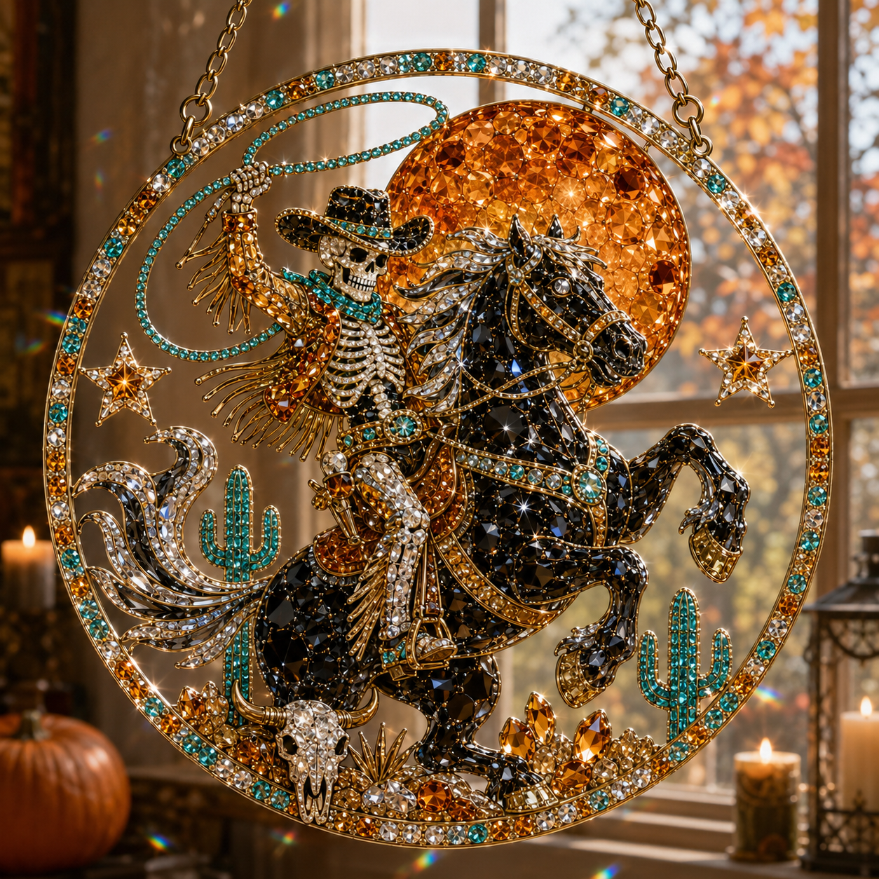 🔥Limited Time 70% OFF – 🎃💀 Halloween Skeleton Cowboy Suncatcher Diamond Art Hanging Ornament Kit – Sparkling DIY Window Decor