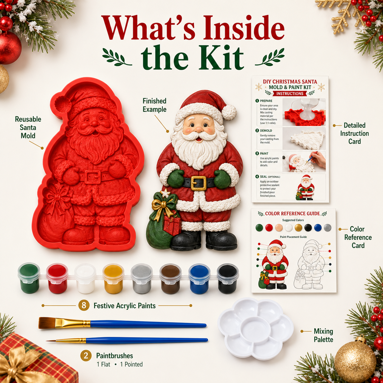 ⏳ Last Day 70% OFF – 🎄 DIY Christmas  Mold & Paint Craft Kit | Reusable 3D Mold with 8 Acrylic Paints, 2 Brushes & Festive Detail Guide 🎨✨