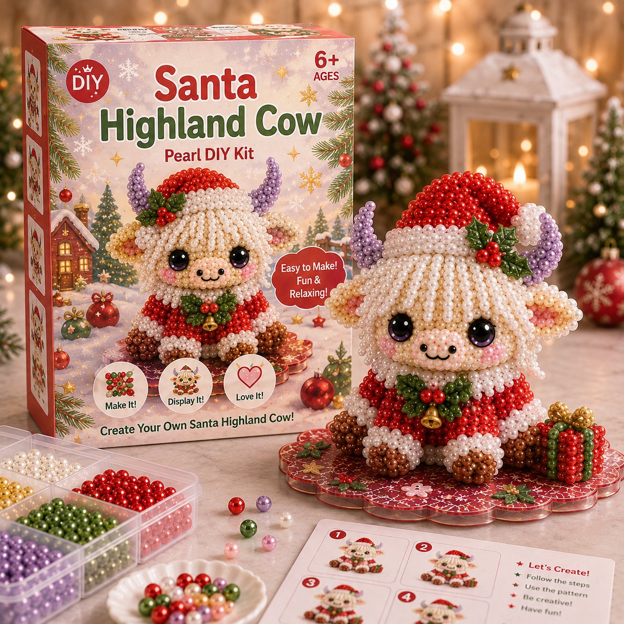 🔥Limited time 70% OFF -🎄🐮 Highland Cow 3D Pearl Bead DIY Kit – Beginner-Friendly Christmas Craft💕
