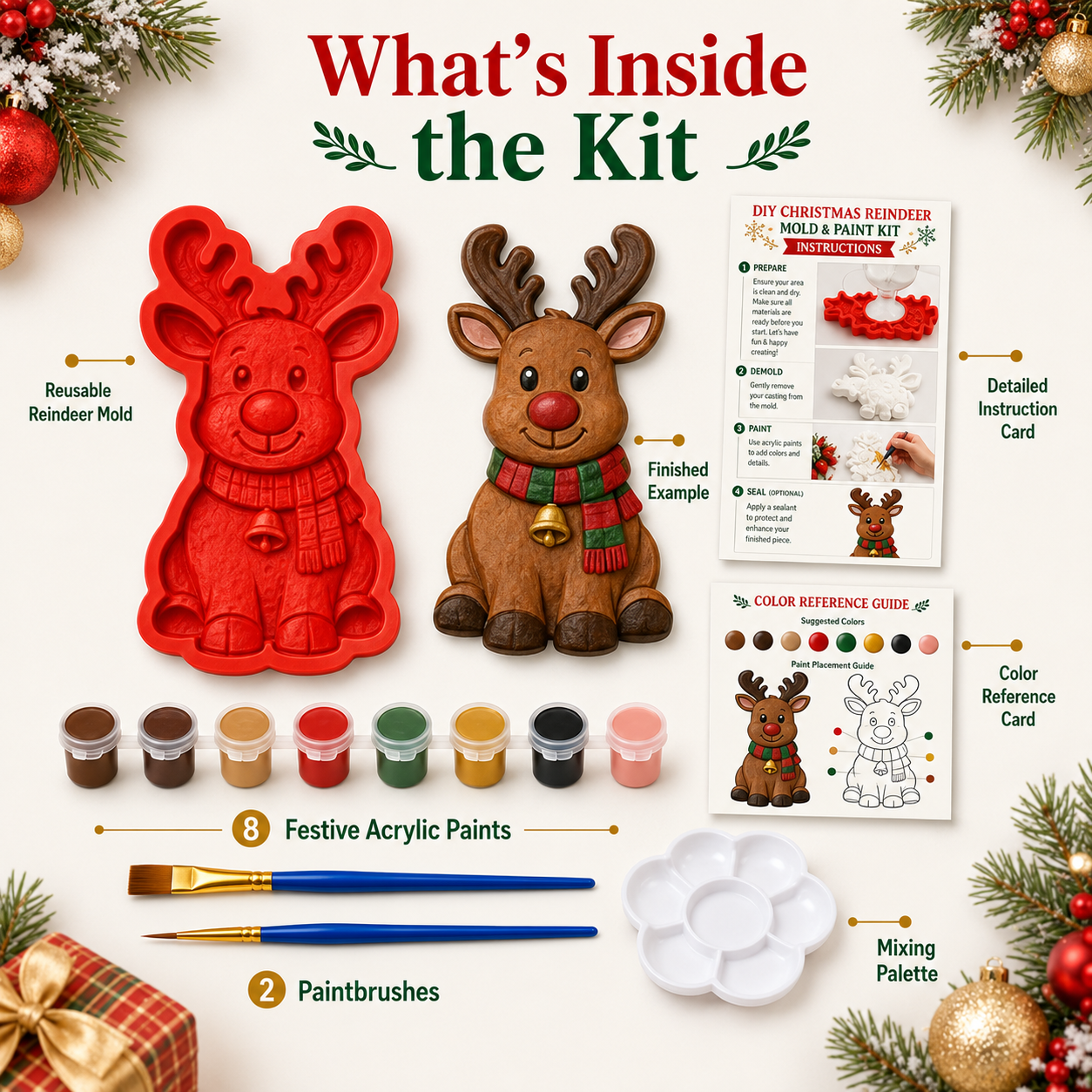 ⏳ Last Day 70% OFF – 🎄 DIY Christmas  Mold & Paint Craft Kit | Reusable 3D Mold with 8 Acrylic Paints, 2 Brushes & Festive Detail Guide 🎨✨