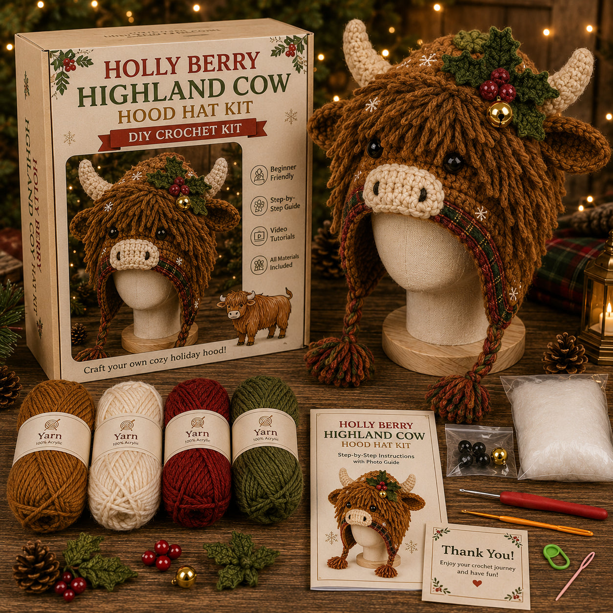 ❤️‍🔥 Last Day 70% OFF – 🐂Christmas Highland Cow Hood Hat DIY Crochet Kit