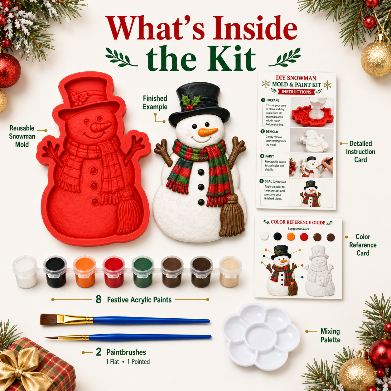 ⏳ Last Day 70% OFF – 🎄 DIY Christmas  Mold & Paint Craft Kit | Reusable 3D Mold with 8 Acrylic Paints, 2 Brushes & Festive Detail Guide 🎨✨